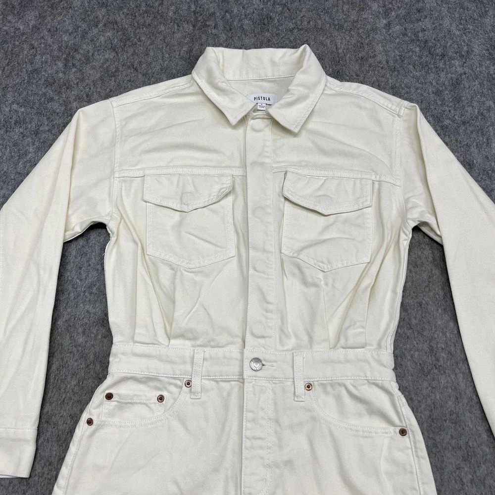 PISTOLA Dress Womens S Cream White Denim Shirt Dress Long Sleeve Raw Hem Utility